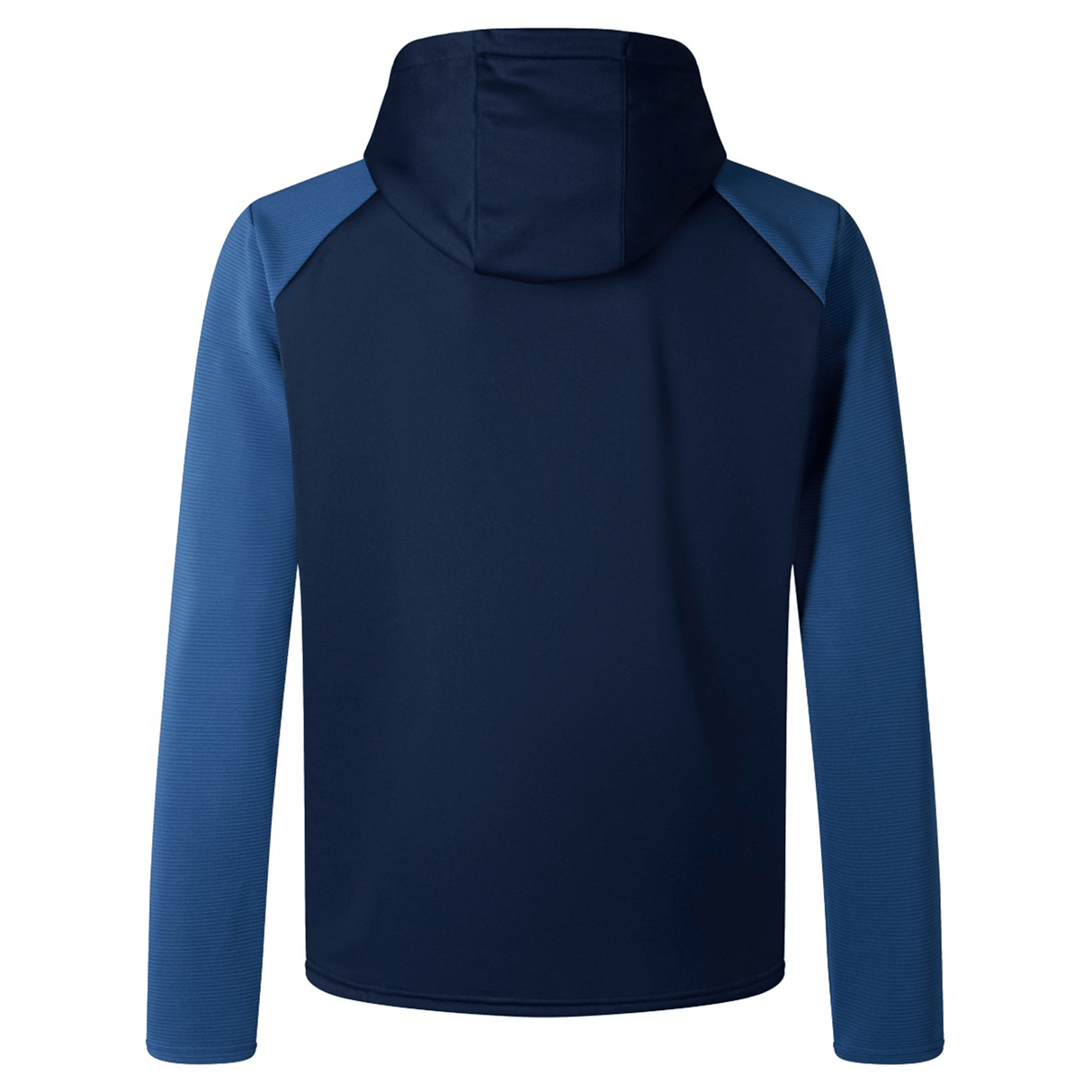 A back view of the comfortable and versatile Canterbury Elite Training Hoodie, showcasing navy blue long sleeves and a combination of dark and lighter blue premium fabric panels.