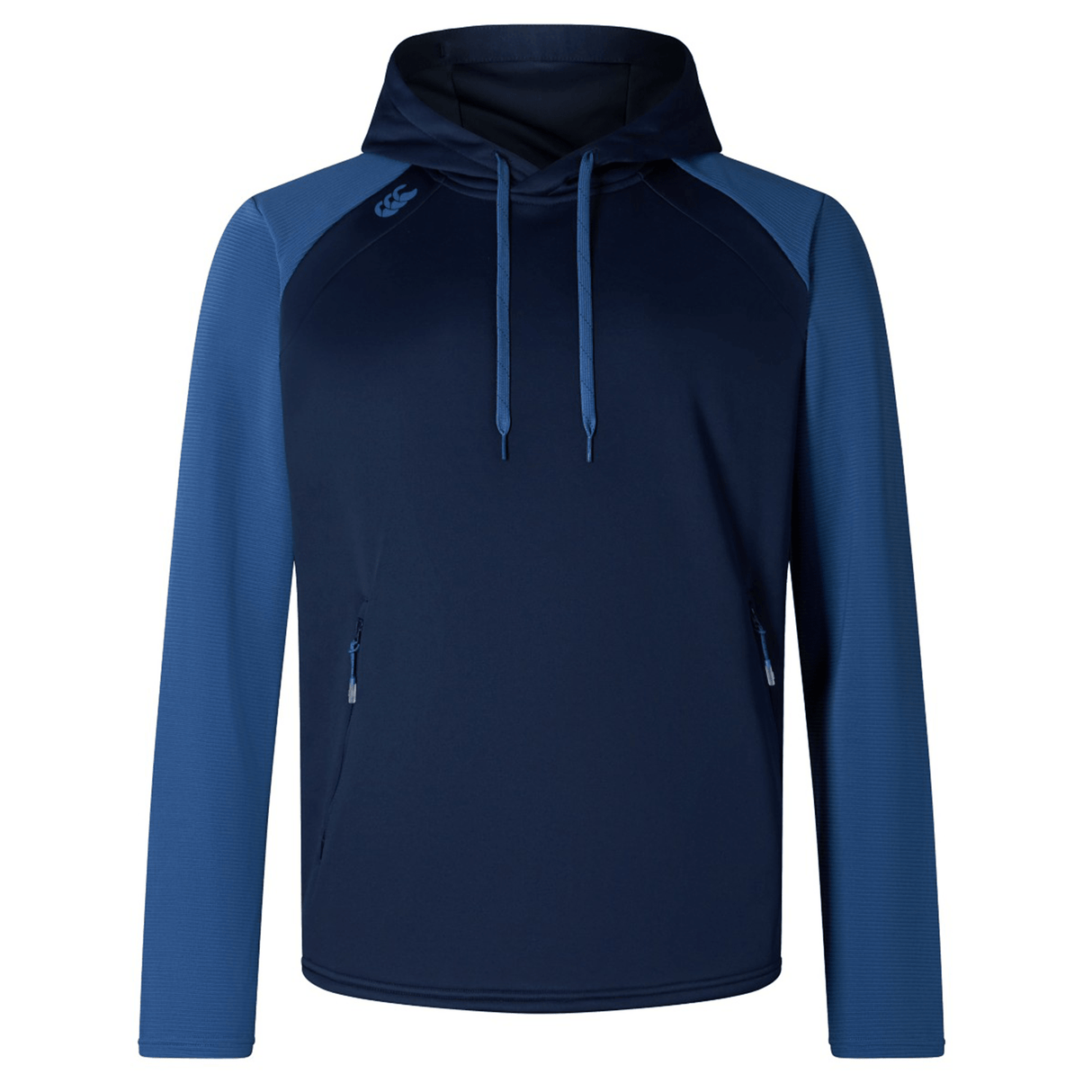 Introducing the Canterbury Elite Training Hoodie by Canterbury: a navy blue hooded sweatshirt with long sleeves and a front kangaroo pocket. This comfortable and versatile piece features premium fabrics, complete with blue accents on the shoulders and drawstrings, making it perfect for any activity.
