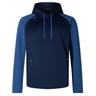 Introducing the Canterbury Elite Training Hoodie by Canterbury: a navy blue hooded sweatshirt with long sleeves and a front kangaroo pocket. This comfortable and versatile piece features premium fabrics, complete with blue accents on the shoulders and drawstrings, making it perfect for any activity.