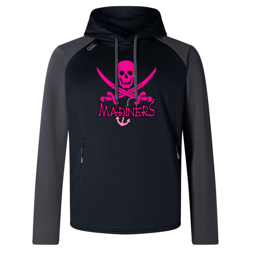 The SUNY Maritime Elite Training Hoody by WRS Canterbury seamlessly blends performance and comfort with eco-friendly materials. It features a black body paired with gray sleeves, adorned with a pink skull and crossbones design above the word "Mariners," making it the perfect standout piece for staying cozy on cooler days.
