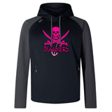 The SUNY Maritime Elite Training Hoody by WRS Canterbury seamlessly blends performance and comfort with eco-friendly materials. It features a black body paired with gray sleeves, adorned with a pink skull and crossbones design above the word "Mariners," making it the perfect standout piece for staying cozy on cooler days.