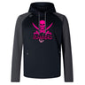 The SUNY Maritime Elite Training Hoody by WRS Canterbury seamlessly blends performance and comfort with eco-friendly materials. It features a black body paired with gray sleeves, adorned with a pink skull and crossbones design above the word "Mariners," making it the perfect standout piece for staying cozy on cooler days.
