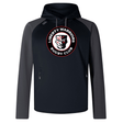 Introducing the Liberty Lake Warriors Elite Training Hoody by Canterbury, produced by WRS Canterbury. This hoody, with its bold red, white, and black stylized face and logo featuring "Liberty Warriors Rugby Club" on the chest, is crafted from premium fabrics for unparalleled performance and comfort.