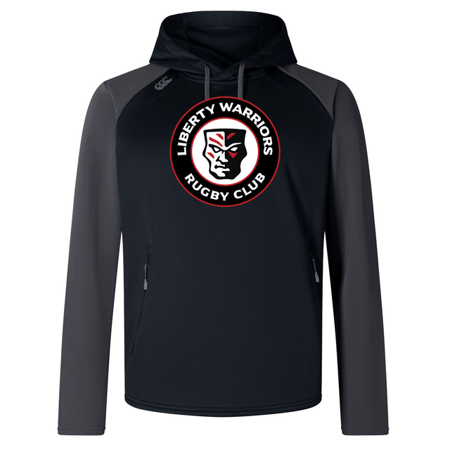 Introducing the Liberty Lake Warriors Elite Training Hoody by Canterbury, produced by WRS Canterbury. This hoody, with its bold red, white, and black stylized face and logo featuring "Liberty Warriors Rugby Club" on the chest, is crafted from premium fabrics for unparalleled performance and comfort.