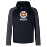The Hampden Sydney College Elite Training Hoody by WRS Canterbury is a black and gray performance hoody featuring a rugby emblem with a crest and the text "Hampden-Sydney College 1776 Rugby" on the front, designed for optimal comfort.