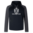 The Highlanders Rugby NC Elite Training Hoody by WRS Canterbury features a sleek black and grey design with "Highlanders Rugby" text and a distinctive logo of a sword and shield on the front, all crafted from lower impact materials for enhanced performance and comfort.