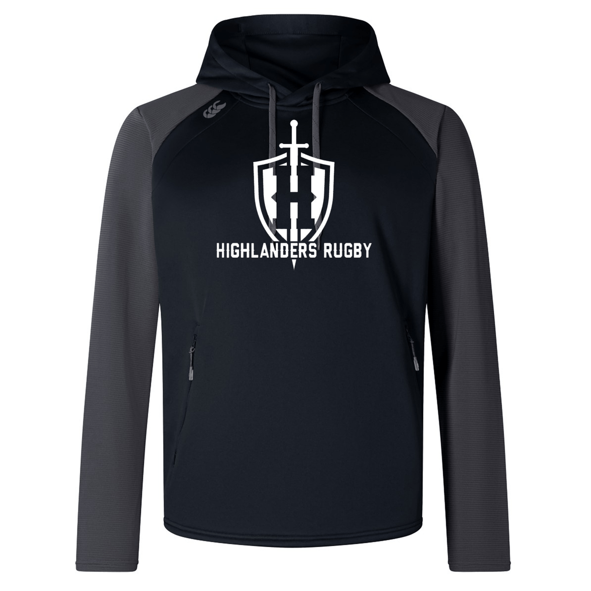 The Highlanders Rugby NC Elite Training Hoody by WRS Canterbury features a sleek black and grey design with "Highlanders Rugby" text and a distinctive logo of a sword and shield on the front, all crafted from lower impact materials for enhanced performance and comfort.