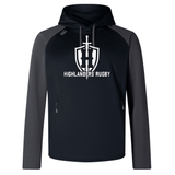 The Highlanders Rugby NC Elite Training Hoody by WRS Canterbury features a sleek black and grey design with "Highlanders Rugby" text and a distinctive logo of a sword and shield on the front, all crafted from lower impact materials for enhanced performance and comfort.