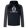 The Highlanders Rugby NC Elite Training Hoody by WRS Canterbury features a sleek black and grey design with "Highlanders Rugby" text and a distinctive logo of a sword and shield on the front, all crafted from lower impact materials for enhanced performance and comfort.