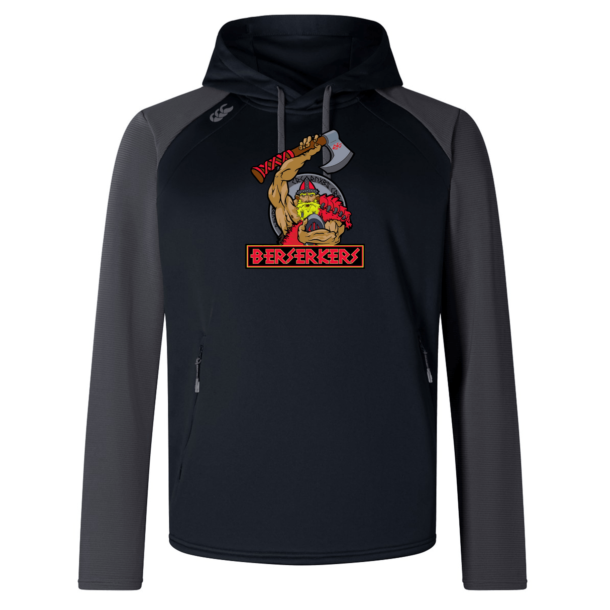 A black and gray hoodie with a graphic of a bearded, axe-wielding character and the text "Berserkers" on the front. Crafted from environmentally friendly materials, this Berserkers Elite Training Hoody by Canterbury seamlessly combines performance and comfort.