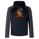 A black and gray hoodie with a graphic of a bearded, axe-wielding character and the text "Berserkers" on the front. Crafted from environmentally friendly materials, this Berserkers Elite Training Hoody by Canterbury seamlessly combines performance and comfort.