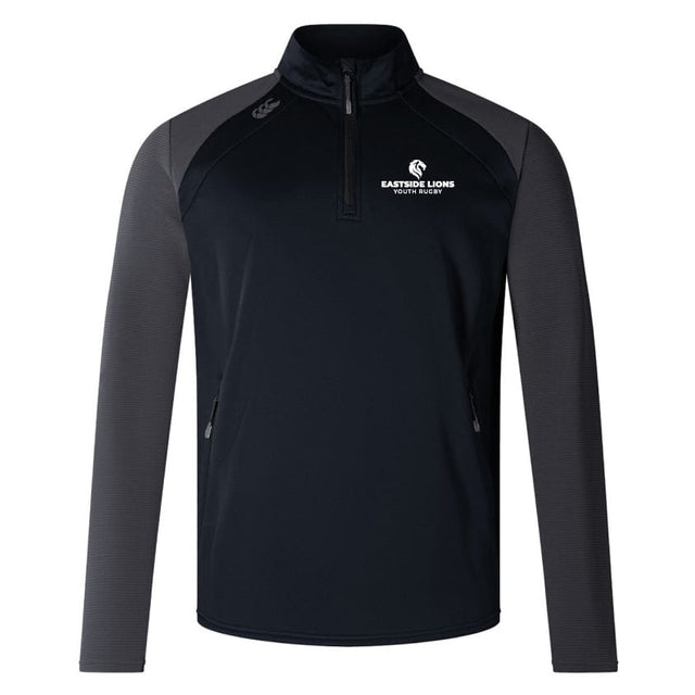 Introducing the Eastside Lions Women's Elite First Layer by Canterbury from EMB Canterbury. This stylish black and gray quarter-zip jacket displays the "Eastside Lions Youth Rugby" logo on the upper left chest. It's crafted with honeycomb fabric for superior comfort and incorporates VapoDri technology to enhance moisture-wicking, keeping you dry.