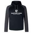 Introducing the Eastside Lions Elite Training Hoody by Canterbury, a black and gray hooded sweatshirt from WRS Canterbury designed for performance and comfort. Adorned with "Eastside Lions Youth Rugby" and a lion logo, this stylish piece is crafted with environmental impact in mind. Perfect for sports enthusiasts and eco-conscious individuals alike.