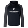 Introducing the Eastside Lions Elite Training Hoody by Canterbury, a black and gray hooded sweatshirt from WRS Canterbury designed for performance and comfort. Adorned with "Eastside Lions Youth Rugby" and a lion logo, this stylish piece is crafted with environmental impact in mind. Perfect for sports enthusiasts and eco-conscious individuals alike.