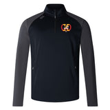 The Potomac Exiles Elite 1/4 Zip Top by EMB Canterbury is a black and grey quarter-zip training top featuring a logo with a stylized "X" and crest on the left chest, made from environmentally friendly materials.