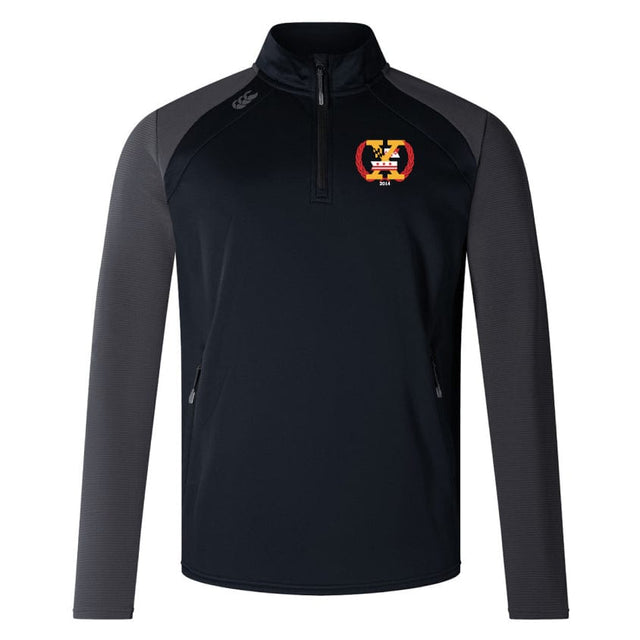 The Potomac Exiles Elite 1/4 Zip Top by EMB Canterbury is a black and grey quarter-zip training top featuring a logo with a stylized "X" and crest on the left chest, made from environmentally friendly materials.