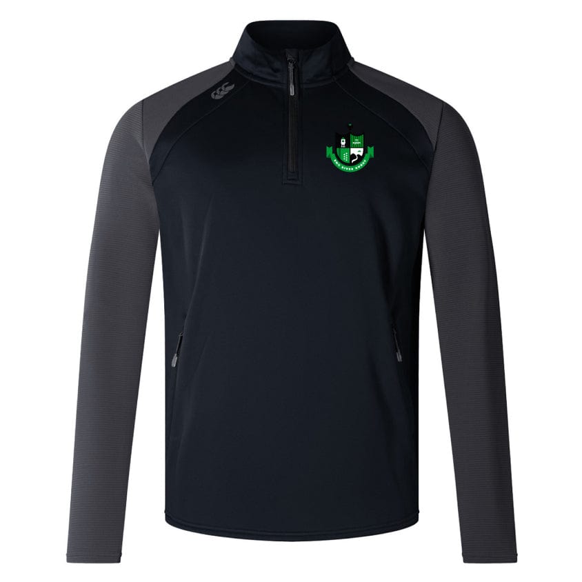 The Eno River Rugby Elite 1/4 Zip Top by EMB Canterbury is a black and dark gray long-sleeve sports jersey made from lower impact materials. It features a high collar and a quarter-zip for improved performance and comfort, with the addition of an emblem in green and black on the chest.