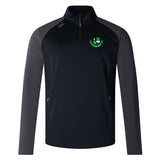 The Eno River Rugby Elite 1/4 Zip Top by EMB Canterbury is a black and dark gray long-sleeve sports jersey made from lower impact materials. It features a high collar and a quarter-zip for improved performance and comfort, with the addition of an emblem in green and black on the chest.