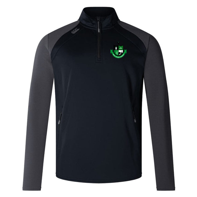The Eno River Rugby Elite 1/4 Zip Top by EMB Canterbury is a black and dark gray long-sleeve sports jersey made from lower impact materials. It features a high collar and a quarter-zip for improved performance and comfort, with the addition of an emblem in green and black on the chest.