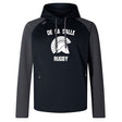 The De La Salle Elite Training Hoody by WRS Canterbury is engineered for performance and comfort, showcasing "De La Salle Rugby" with a Spartan helmet graphic on the front. Crafted from lower impact materials, it offers both style and sustainability.