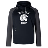 The De La Salle Elite Training Hoody by WRS Canterbury is engineered for performance and comfort, showcasing "De La Salle Rugby" with a Spartan helmet graphic on the front. Crafted from lower impact materials, it offers both style and sustainability.