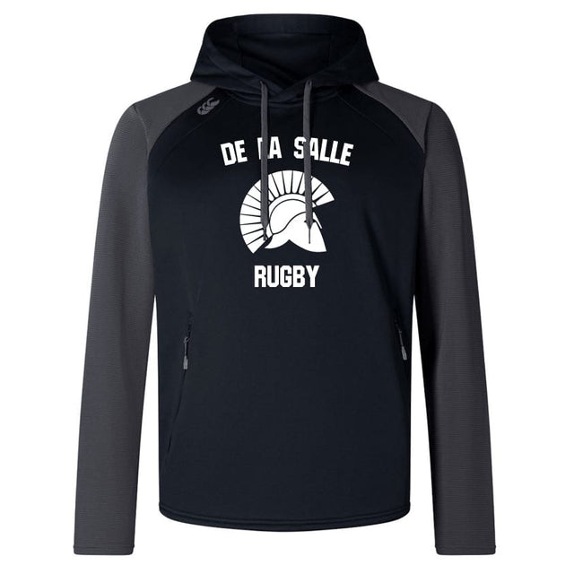 The De La Salle Elite Training Hoody by WRS Canterbury is engineered for performance and comfort, showcasing "De La Salle Rugby" with a Spartan helmet graphic on the front. Crafted from lower impact materials, it offers both style and sustainability.