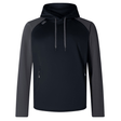 Introducing the Canterbury Elite Training Hoodie by Canterbury: a long-sleeve, black and gray hooded sweatshirt crafted from premium fabrics. Featuring drawstrings and zippered pockets, this comfortable and versatile hoodie is perfect for any activity.