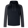 Introducing the Canterbury Elite Training Hoodie by Canterbury: a long-sleeve, black and gray hooded sweatshirt crafted from premium fabrics. Featuring drawstrings and zippered pockets, this comfortable and versatile hoodie is perfect for any activity.