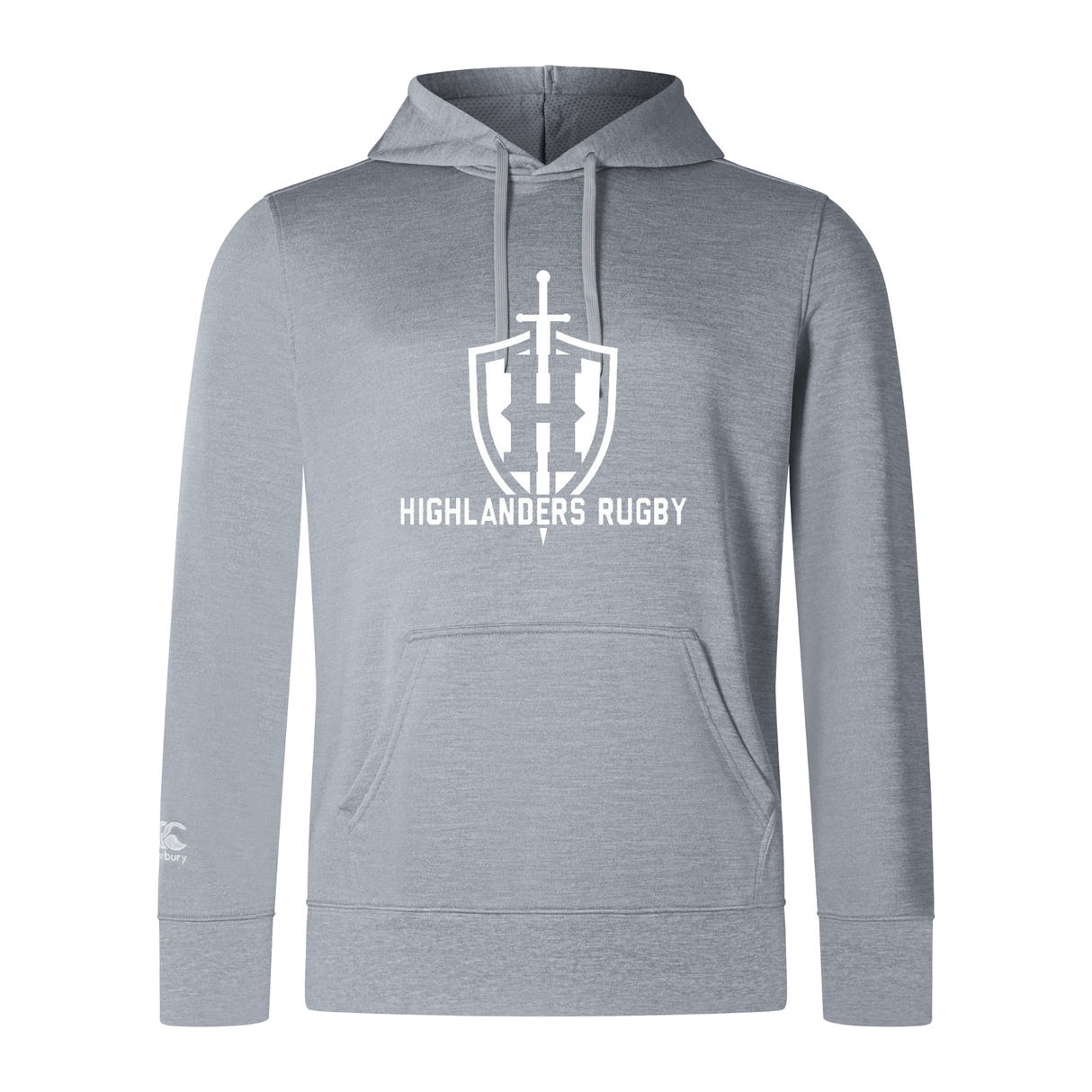 The Highlanders Rugby NC Club Lightweight Hoodie by WRS Canterbury in gray features a large central logo with a sword and shield, accompanied by the text "Highlanders Rugby" underneath. It includes long sleeves, a kangaroo pocket, and a drawstring hood adorned with the Canterbury logo.