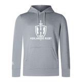 The Highlanders Rugby NC Club Lightweight Hoodie by WRS Canterbury in gray features a large central logo with a sword and shield, accompanied by the text "Highlanders Rugby" underneath. It includes long sleeves, a kangaroo pocket, and a drawstring hood adorned with the Canterbury logo.
