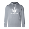 The Highlanders Rugby NC Club Lightweight Hoodie by WRS Canterbury in gray features a large central logo with a sword and shield, accompanied by the text "Highlanders Rugby" underneath. It includes long sleeves, a kangaroo pocket, and a drawstring hood adorned with the Canterbury logo.