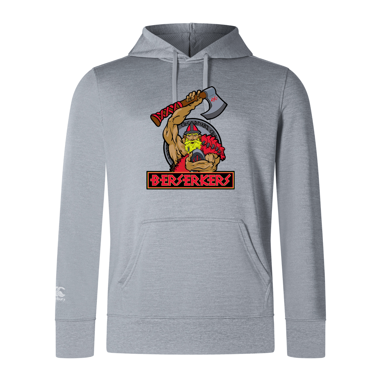 The Berserkers Club Lightweight Hoodie by WRS Canterbury features a lightweight gray material with a graphic of a muscular character wielding an axe and "Berserkers" in bold red letters at the bottom. The hoodie includes a kangaroo pocket, a hood with drawstrings, and a subtle Canterbury logo on the sleeve.