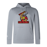 The Berserkers Club Lightweight Hoodie by WRS Canterbury features a lightweight gray material with a graphic of a muscular character wielding an axe and "Berserkers" in bold red letters at the bottom. The hoodie includes a kangaroo pocket, a hood with drawstrings, and a subtle Canterbury logo on the sleeve.