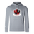 The WRS Canterbury Southern Pines Youth Rugby Club Lightweight Hoodie features a red and black shield logo with various symbols on a lightweight gray fabric, complete with a cozy polyester hood for comfort.