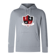 The WRS Canterbury Southern Pines Youth Rugby Club Lightweight Hoodie features a red and black shield logo with various symbols on a lightweight gray fabric, complete with a cozy polyester hood for comfort.