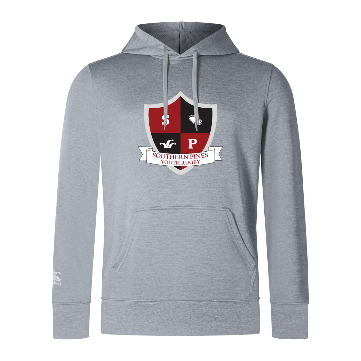 The WRS Canterbury Southern Pines Youth Rugby Club Lightweight Hoodie features a red and black shield logo with various symbols on a lightweight gray fabric, complete with a cozy polyester hood for comfort.