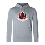 The WRS Canterbury Southern Pines Youth Rugby Club Lightweight Hoodie features a red and black shield logo with various symbols on a lightweight gray fabric, complete with a cozy polyester hood for comfort.