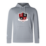 The WRS Canterbury Southern Pines Youth Rugby Club Lightweight Hoodie features a red and black shield logo with various symbols on a lightweight gray fabric, complete with a cozy polyester hood for comfort.