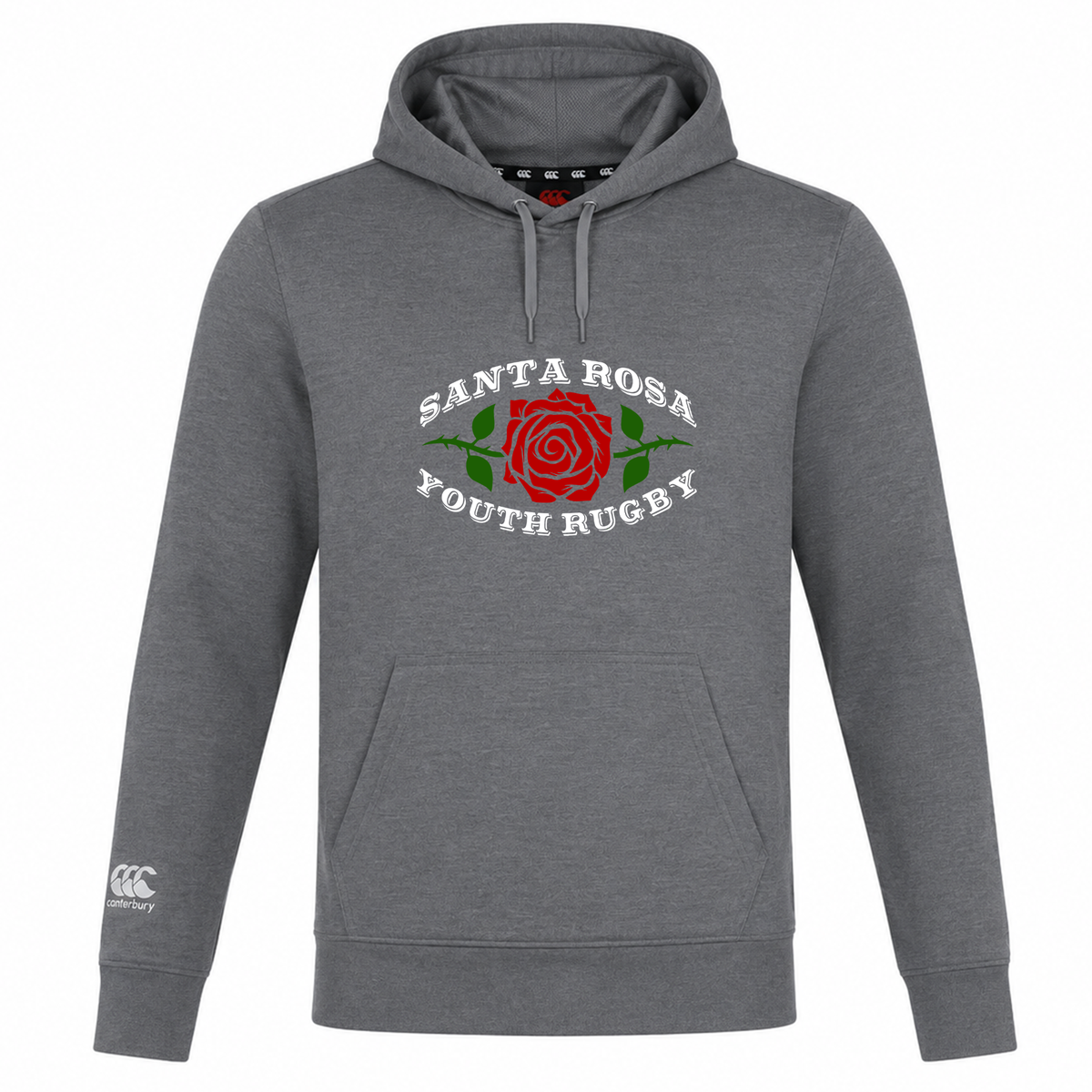 The Santa Rosa Youth Rugby Club Lightweight Hoodie by Canterbury, from WRS Canterbury, is a gray hoodie featuring a red rose graphic with green leaves and the text “Santa Rosa Youth Rugby” on the front. This custom-made hoodie offers a lightweight design and displays the Canterbury logo on the lower sleeve.