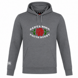 The Santa Rosa Youth Rugby Club Lightweight Hoodie by Canterbury, from WRS Canterbury, is a gray hoodie featuring a red rose graphic with green leaves and the text “Santa Rosa Youth Rugby” on the front. This custom-made hoodie offers a lightweight design and displays the Canterbury logo on the lower sleeve.
