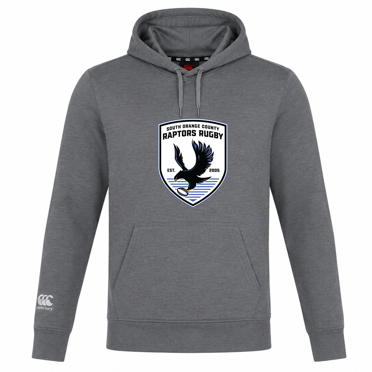 Introducing the South Orange County Raptors Club Lightweight Hoodie by Canterbury—crafted by WRS Canterbury, this gray hoodie features a “South Orange County Raptors Rugby” crest with an eagle and “EST. 2005” on the chest, custom made for Canterbury Club, and finished with the Canterbury logo on the left sleeve.