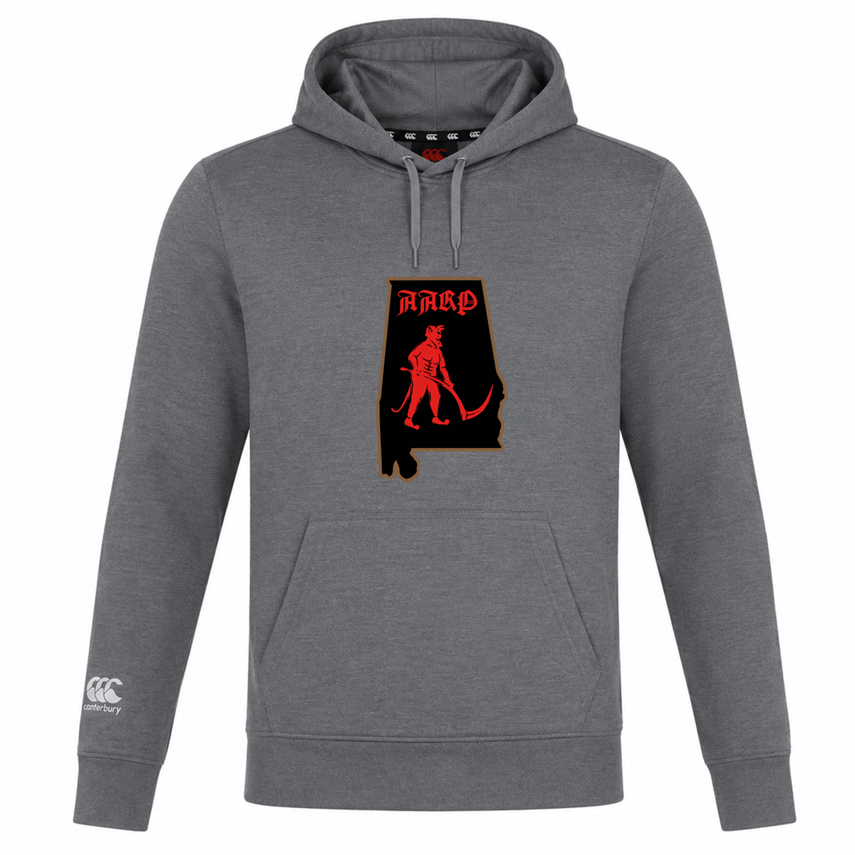 A grey Aging Alabama Rugby Players Club Lightweight Hoodie by Canterbury featuring a graphic of the state of Alabama containing a red devil with a scythe and the text “HARD” above it.