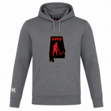 A grey Aging Alabama Rugby Players Club Lightweight Hoodie by Canterbury featuring a graphic of the state of Alabama containing a red devil with a scythe and the text “HARD” above it.