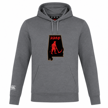 A grey Aging Alabama Rugby Players Club Lightweight Hoodie by Canterbury featuring a graphic of the state of Alabama containing a red devil with a scythe and the text “HARD” above it.