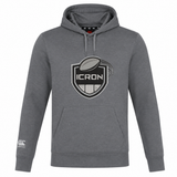 Gray lightweight ICRON Club Lightweight Hoodie by Canterbury with a kangaroo pocket, featuring a rugby-themed shield logo with the text “ICRON” on the chest.