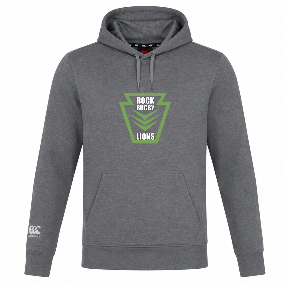 Grey Rock Rugby Club Lightweight Hoodie by Canterbury featuring a front kangaroo pocket and a green “Rock Rugby Lions” graphic on the chest.