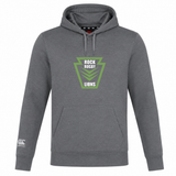 Grey Rock Rugby Club Lightweight Hoodie by Canterbury featuring a front kangaroo pocket and a green “Rock Rugby Lions” graphic on the chest.