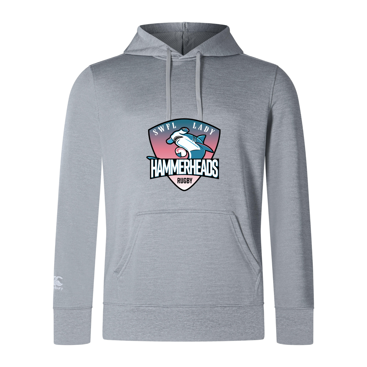 The SWFL Lady Hammerheads Club Lightweight Hoodie by WRS Canterbury features a custom logo and stylized hammerhead shark on light gray fabric—perfect for Canterbury fans.