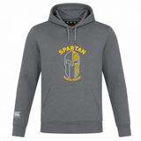 The Spartan Youth Rugby Club Lightweight Hoodie by WRS Canterbury features a yellow and white Spartan helmet graphic, "SPARTAN YOUTH RUGBY" on the front, and a Canterbury logo on the left sleeve. Ideal for active youth wear.