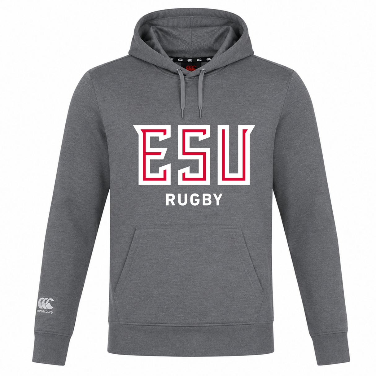 The WRS Canterbury East Stroudsburg University Club Lightweight Hoodie features "ESU RUGBY" in bold white/red on the front and a Canterbury Club white logo on the left sleeve.
